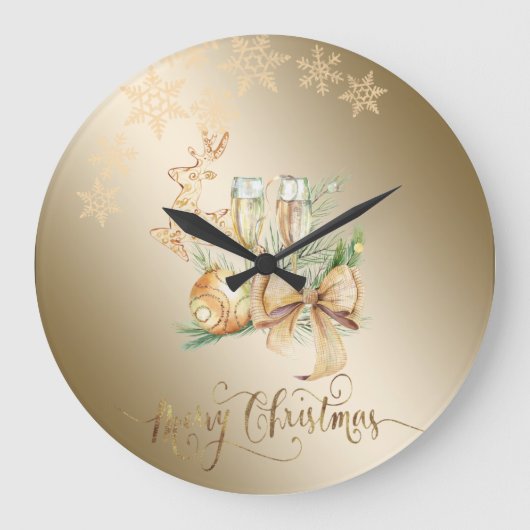 クリスマスボール，トナカイ，ワイングラス，雪片  ラージ壁時計 (正面)
