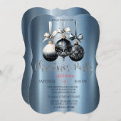 クリスマスボール、ブルーメタリック会社のパーティー 招待状 (正面/裏面)