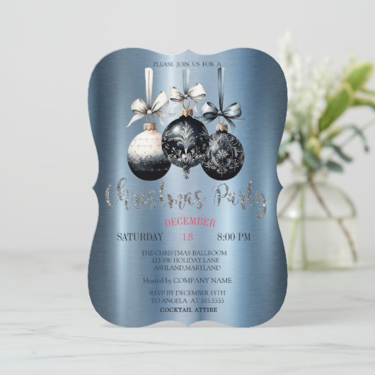 クリスマスボール、ブルーメタリック会社のパーティー 招待状 (スタンド正面)