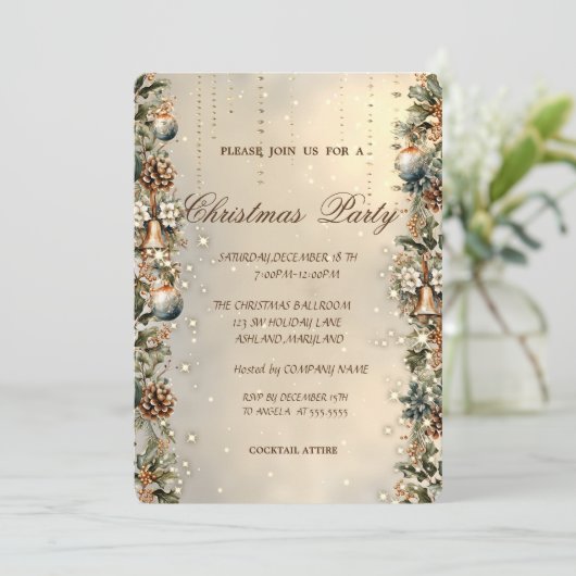 クリスマスボール、ベル、ピネコーン金ゴールドクリスマス 招待状 (スタンド正面)
