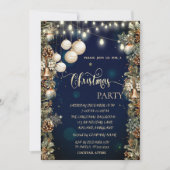 クリスマスボール、ベル、松ぼっくり 青いクリスマス 招待状 (正面)