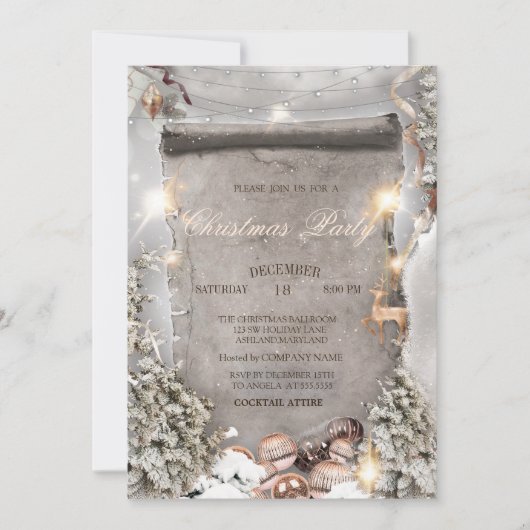 クリスマスボール、ライト、松の木のシルバー 招待状 (正面)