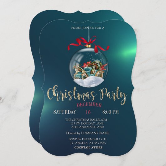 クリスマスボール、レトロ車、グリーンクリスマス会社 招待状 (正面/裏面)