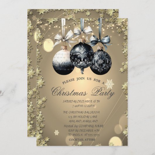 クリスマスボール、星クリスマス会社のパーティー 招待状 (正面/裏面)