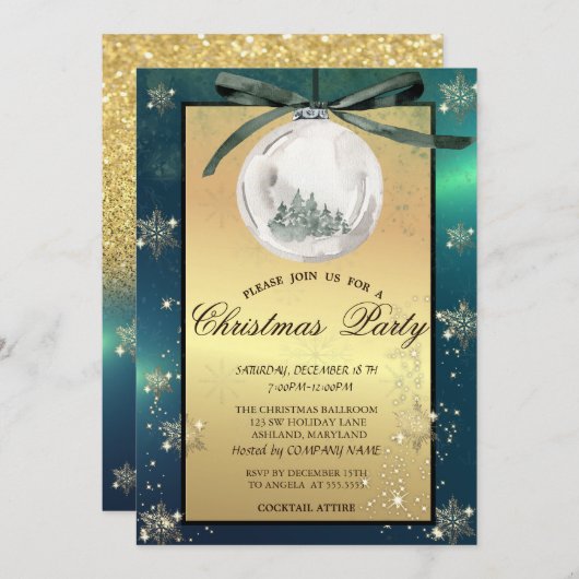 クリスマスボール、木の雪片の会社のパーティー 招待状 (正面/裏面)