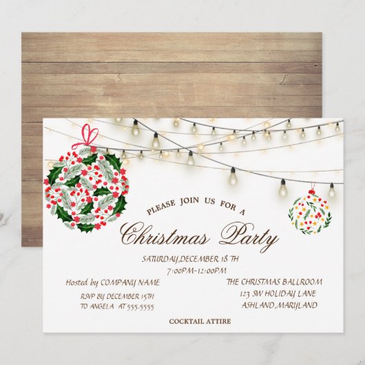 クリスマスボール、木、ストリングライトのクリスマス 招待状 (正面/裏面)