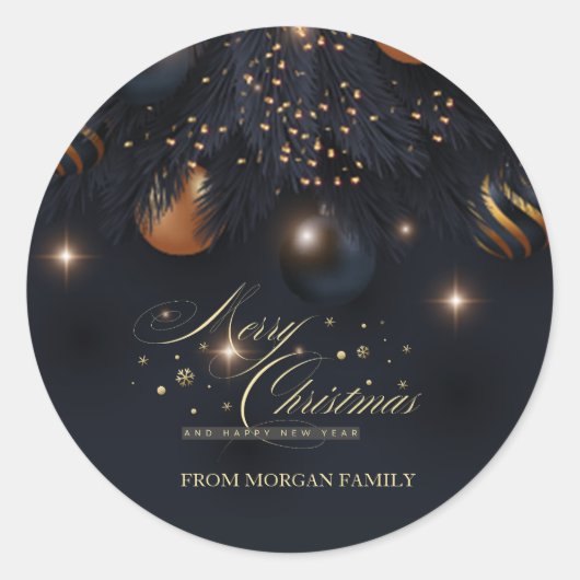 クリスマスボール 松の木の枝 黒 ラウンドシール (正面)