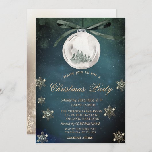 クリスマスボール、松の木の雪片の会社のパーティー 招待状 (正面/裏面)