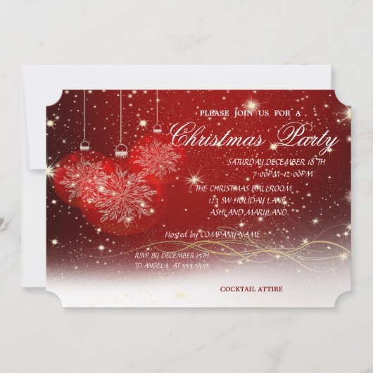 クリスマスボール、赤、企業のクリスマスパーティー 招待状 (正面)