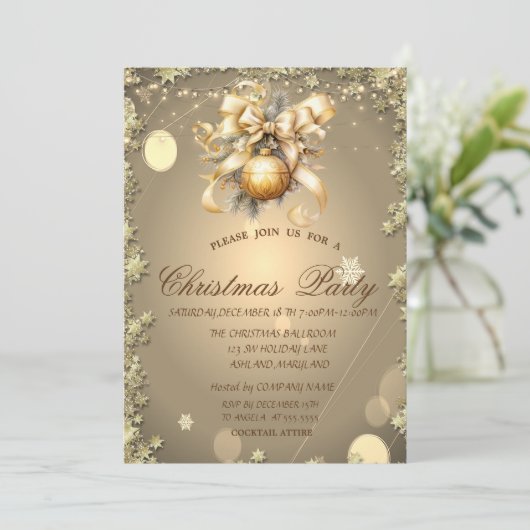 クリスマスボール、金ゴールドスタークリスマス会社パーティー 招待状 (スタンド正面)