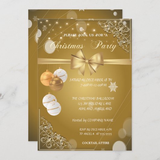 クリスマスボール、金ゴールドボウ、コーポレートクリスマスパーティー 招待状 (正面/裏面)