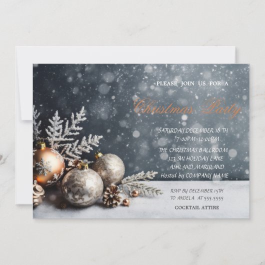 クリスマスボール 雪の結晶、雪の会社 クリスマス 招待状 (正面)