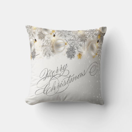 クリスマスボール、雪片、ライト、メリークリスマス クッション (正面)