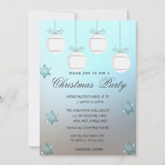 クリスマスボール 青い 企業のクリスマスパーティー 招待状 (正面)
