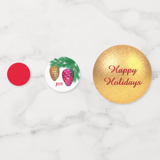 クリスマスボール、鳥、黒と赤の松のコーン コンフェッティ (正面)