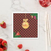 クリスマスボール、鳥、黒と赤の松のコーン スタンダードカクテルナプキン (インサイチュ)