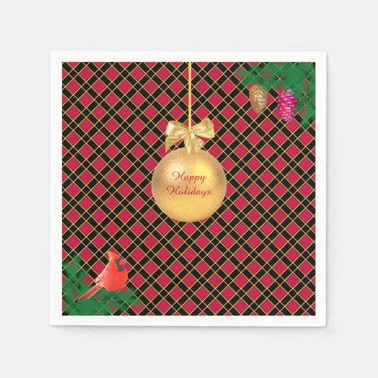 クリスマスボール、鳥、黒と赤の松のコーン スタンダードカクテルナプキン (正面)