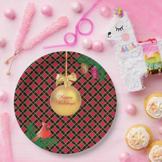 クリスマスボール、鳥、黒と赤の松のコーン ペーパープレート (パーティー)