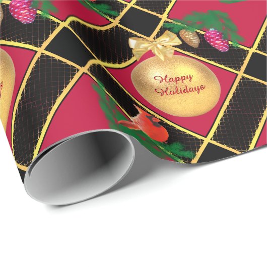 クリスマスボール、鳥、黒と赤の松のコーン ラッピングペーパー (ロールコーナー)