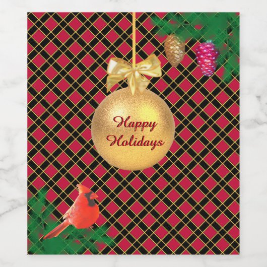 クリスマスボール、鳥、黒と赤の松のコーン ワインラベル (シングルラベル)