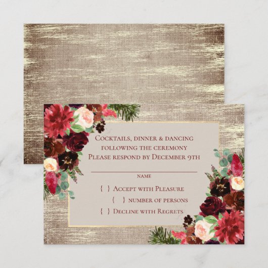 クリスマスボ素朴ーホフローラブルゴーニュ金ゴールドバーラップ 出欠カード (正面/裏面)