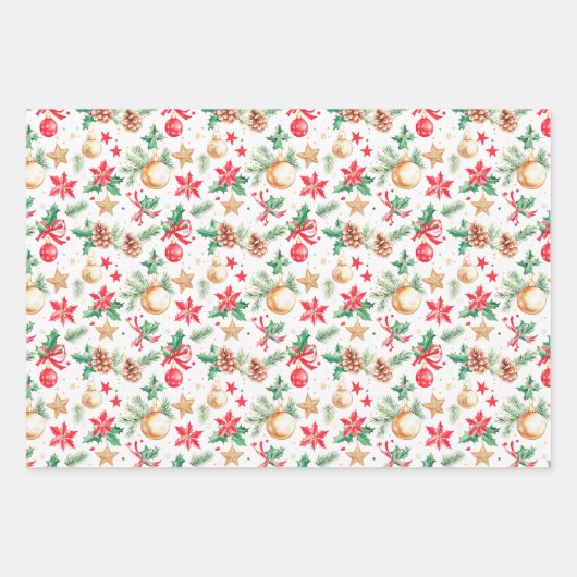 クリスマスポインセチアとオーナメント ラッピングペーパーシート (正面3)