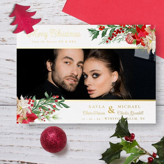 クリスマスポインセチアのガーランドの写真の結婚式  箔招待状