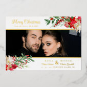 クリスマスポインセチアのガーランドの写真の結婚式  箔招待状 (正面)