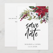 クリスマスポインセチアのスクリプトウェディング日付を保存 セーブザデート (正面/裏面)