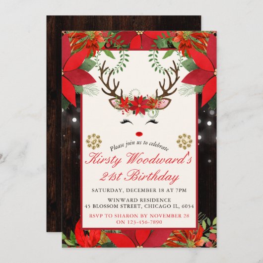 クリスマスポインセチアのトナカイ誕生日パーティー 招待状 (正面/裏面)