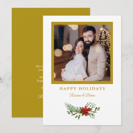 クリスマスポインセチアの写真 ゴールド効果 シーズンカード (正面/裏面)