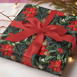 クリスマスポインセチアの冬の花柄 ラッピングペーパー