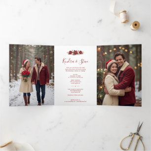 クリスマスポインセチアの結婚式フォト TLW26 三つ折りクリスマスカード