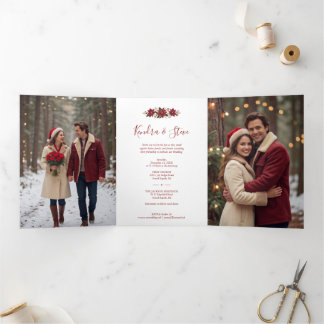 クリスマスポインセチアの結婚式フォト TLW26 三つ折りクリスマスカード