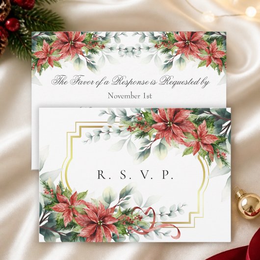 クリスマスポインセチアの結婚式RSVPカード 出欠カード