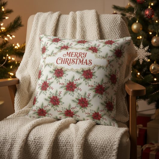クリスマスポインセチアの華やかなフラワーパターン クッション