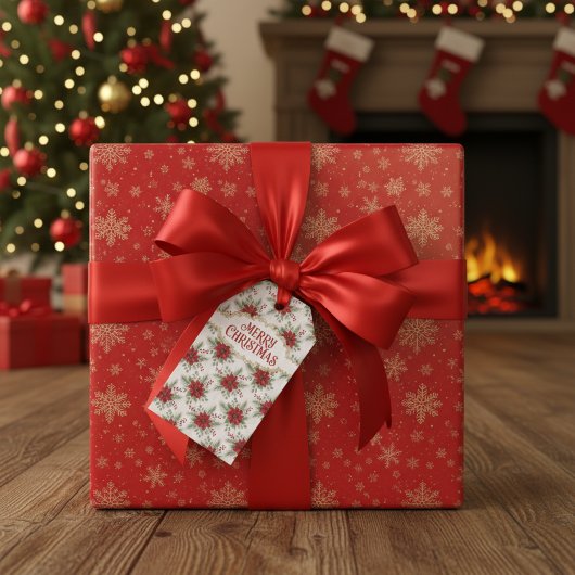 クリスマスポインセチアの華やかな赤い花 ギフトタグ
