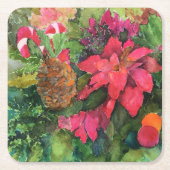 クリスマスポインセチアオリジナルウォーター絵を描カラー スクエアペーパーコースター (正面)