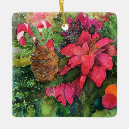 クリスマスポインセチアオリジナルウォーター絵を描カラー セラミックオーナメント (正面)