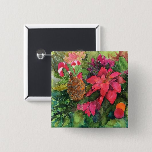 クリスマスポインセチアオリジナルウォーター絵を描カラー 缶バッジ (正面&裏面)