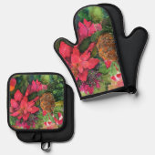 クリスマスポインセチアオリジナルウォーター絵を描カラー 鍋つかみ&鍋敷きセット (正面/裏面)