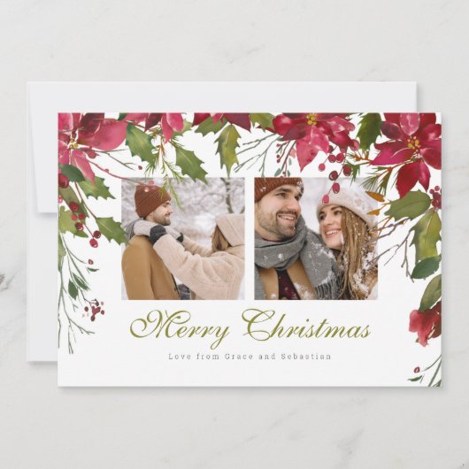 クリスマスポインセチアパーソナライズされた写真 シーズンカード (正面)