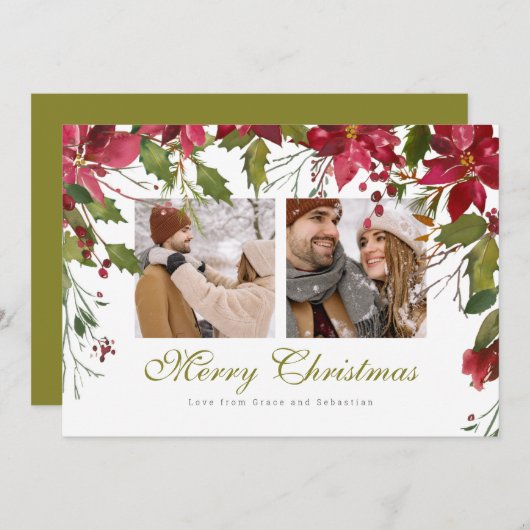クリスマスポインセチアパーソナライズされた写真 シーズンカード (正面/裏面)