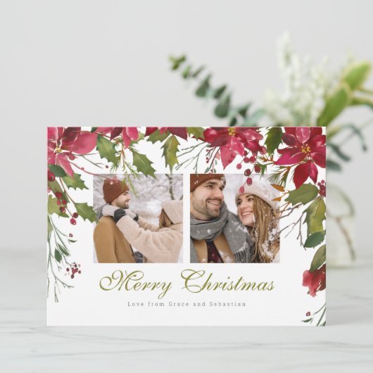 クリスマスポインセチアパーソナライズされた写真 シーズンカード (スタンド正面)