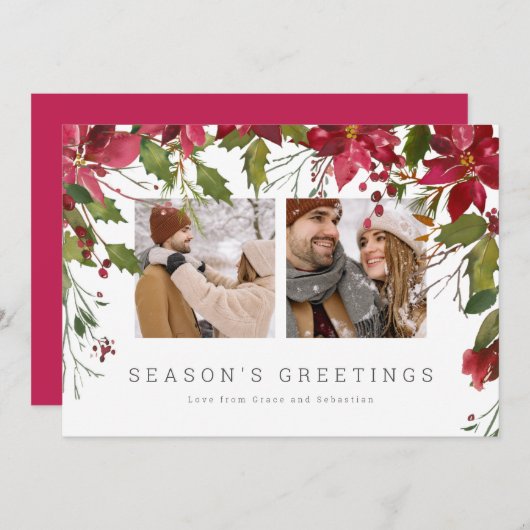 クリスマスポインセチアパーソナライズされた写真 シーズンカード (正面/裏面)