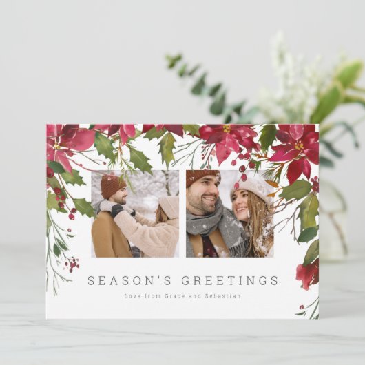 クリスマスポインセチアパーソナライズされた写真 シーズンカード (スタンド正面)