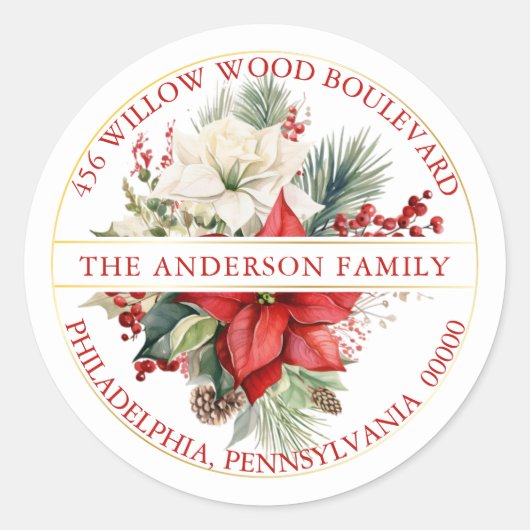 クリスマスポインセチアフローラブーケ差出人住所 ラウンドシール (正面)
