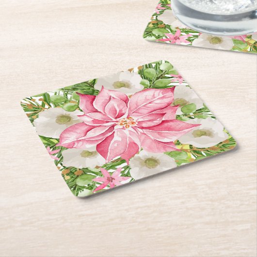 クリスマスポインセチアフローラホリデイ スクエアペーパーコースター (アングル)