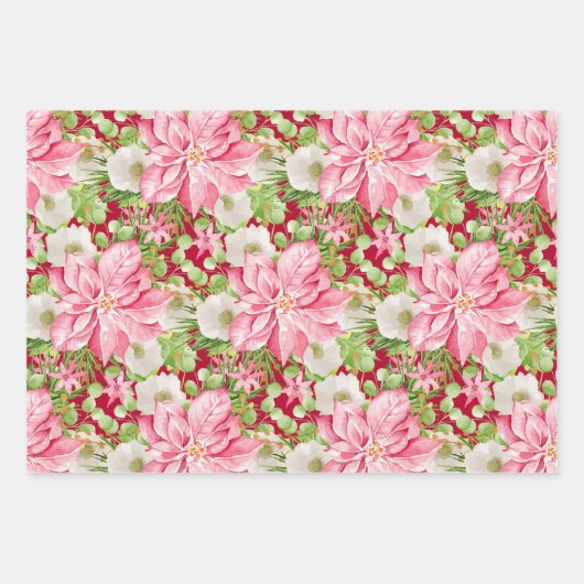 クリスマスポインセチアフローラホリデイ ラッピングペーパーシート (正面)