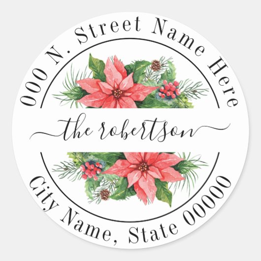 クリスマスポインセチアフローラホリデー差出人住所 ラウンドシール (正面)